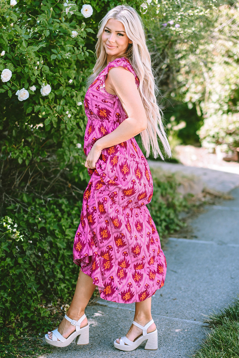 Women's Maxi Dress with Ruffle-Trimmed Sleeve Twist-Front
