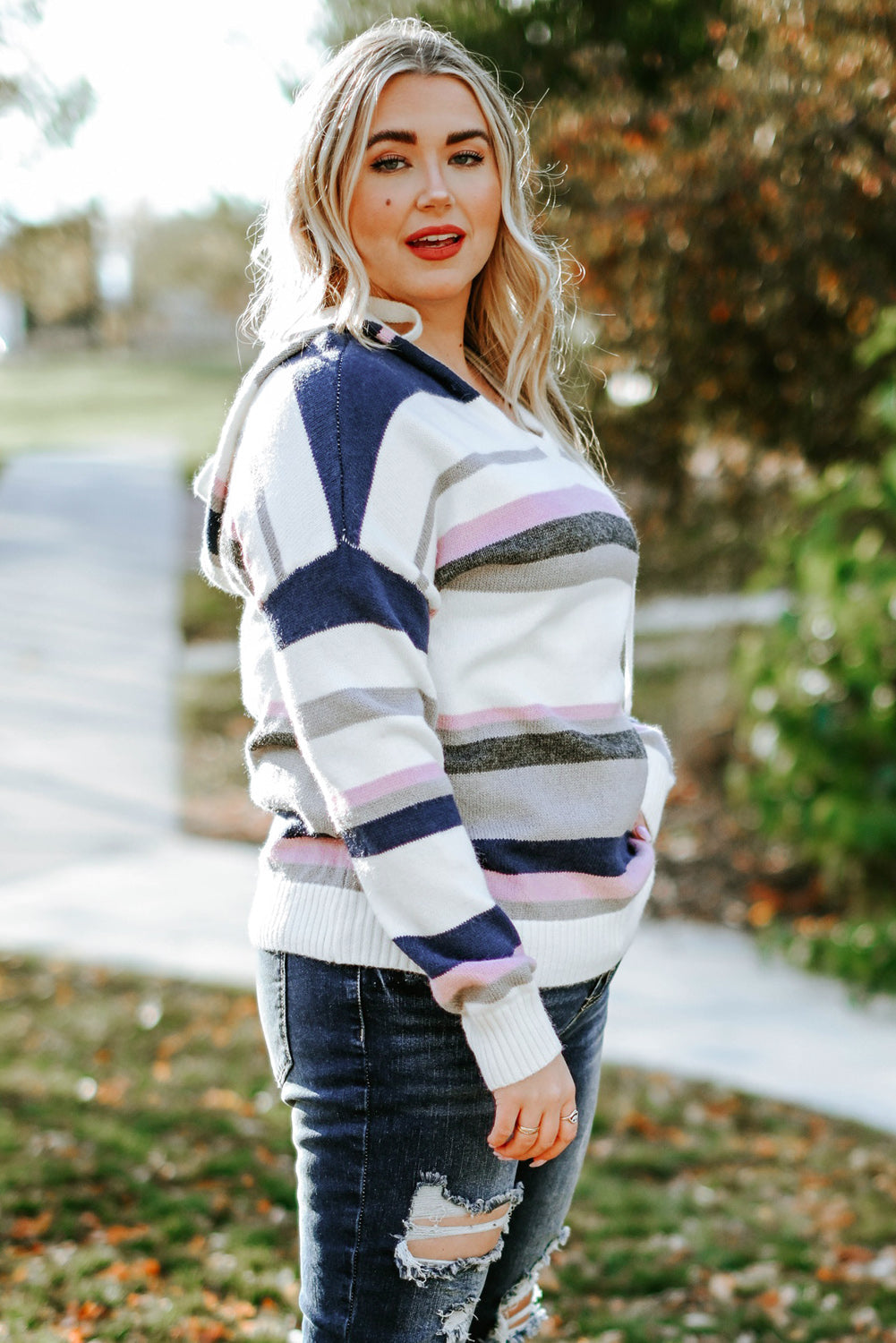 Women's Knit Sweater Featuring Striped Hooded Plus Size