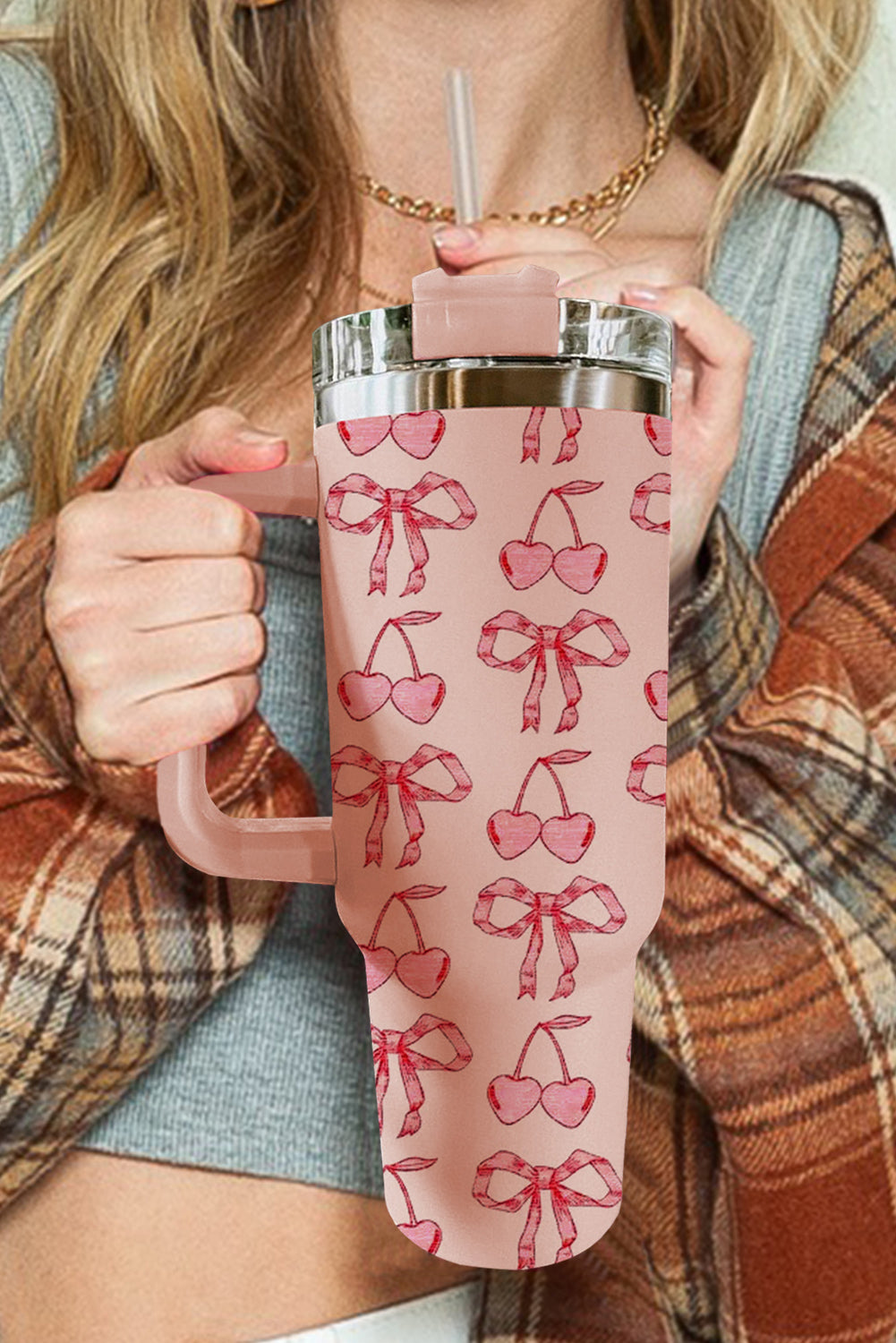 Cherry Bowknot Stylish Large Tumbler with Handle 40oz
