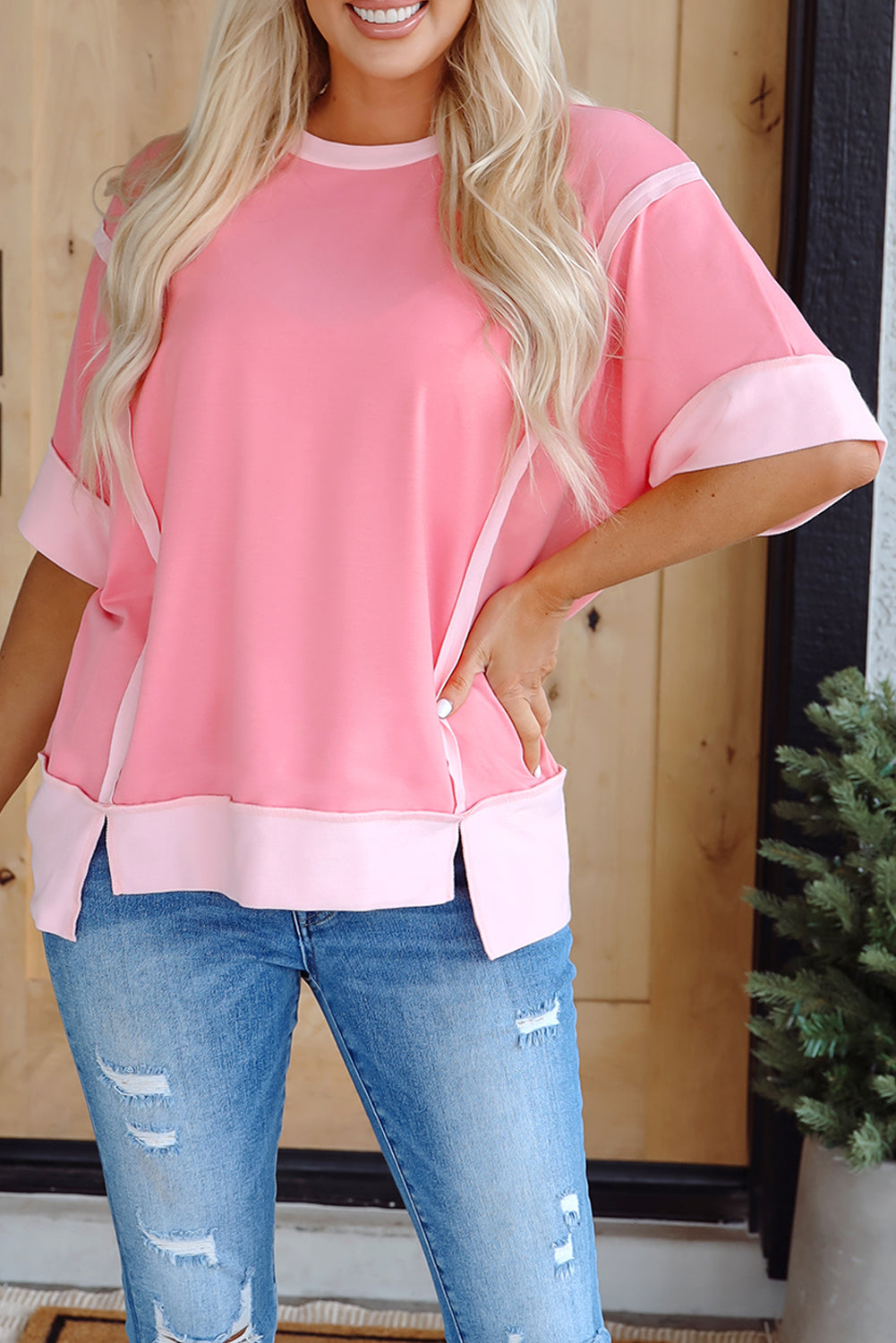 Pink Half Sleeve Raw Seam High Low Side Split Top