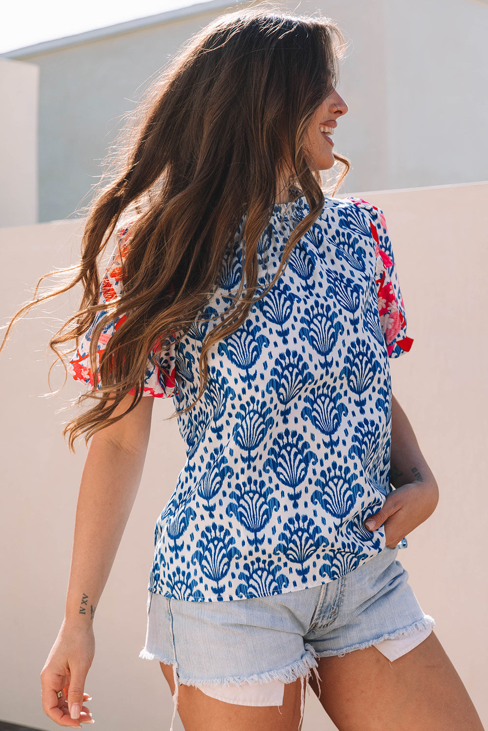 Western Floral Puff Sleeve Frilled Neck Blouse