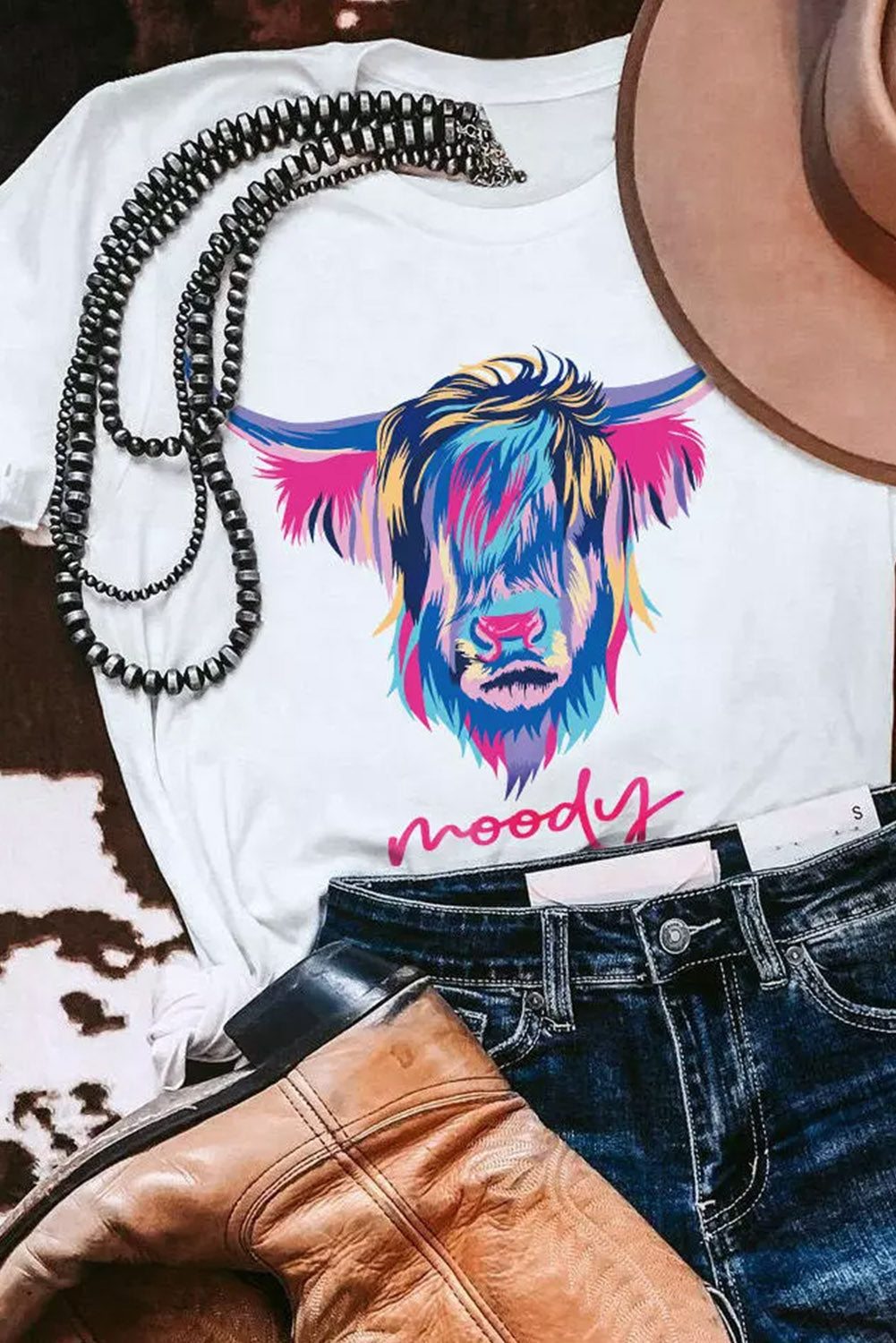 Women's T-shirt Featuring Highland Heifer Moody Graphic-Print