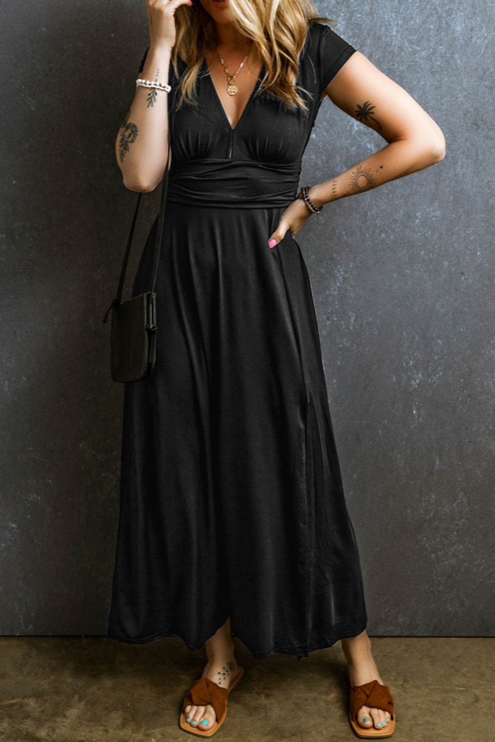 Women's Maxi Dress with Shirred High-Rise V Neck