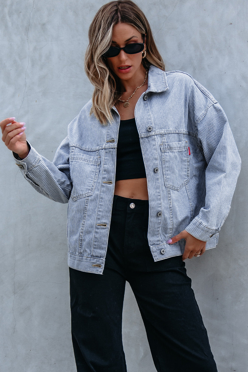 Denim Jacket: Washed Oversize Pocket-Detail