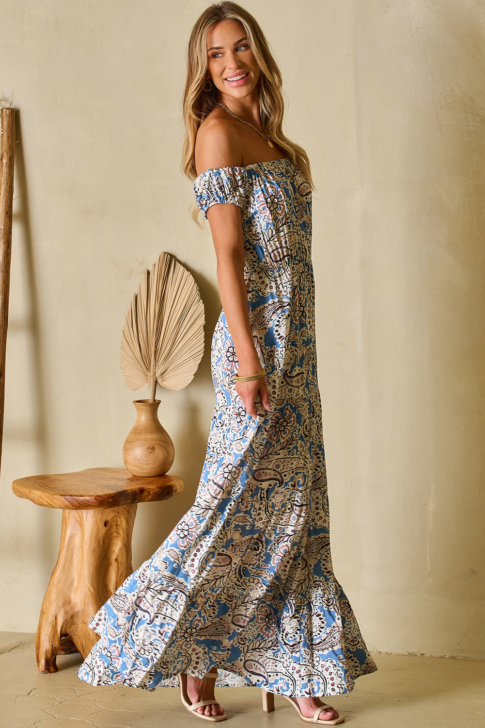 Women's Maxi Dress with Bohemian Paisley Print Off Shoulder