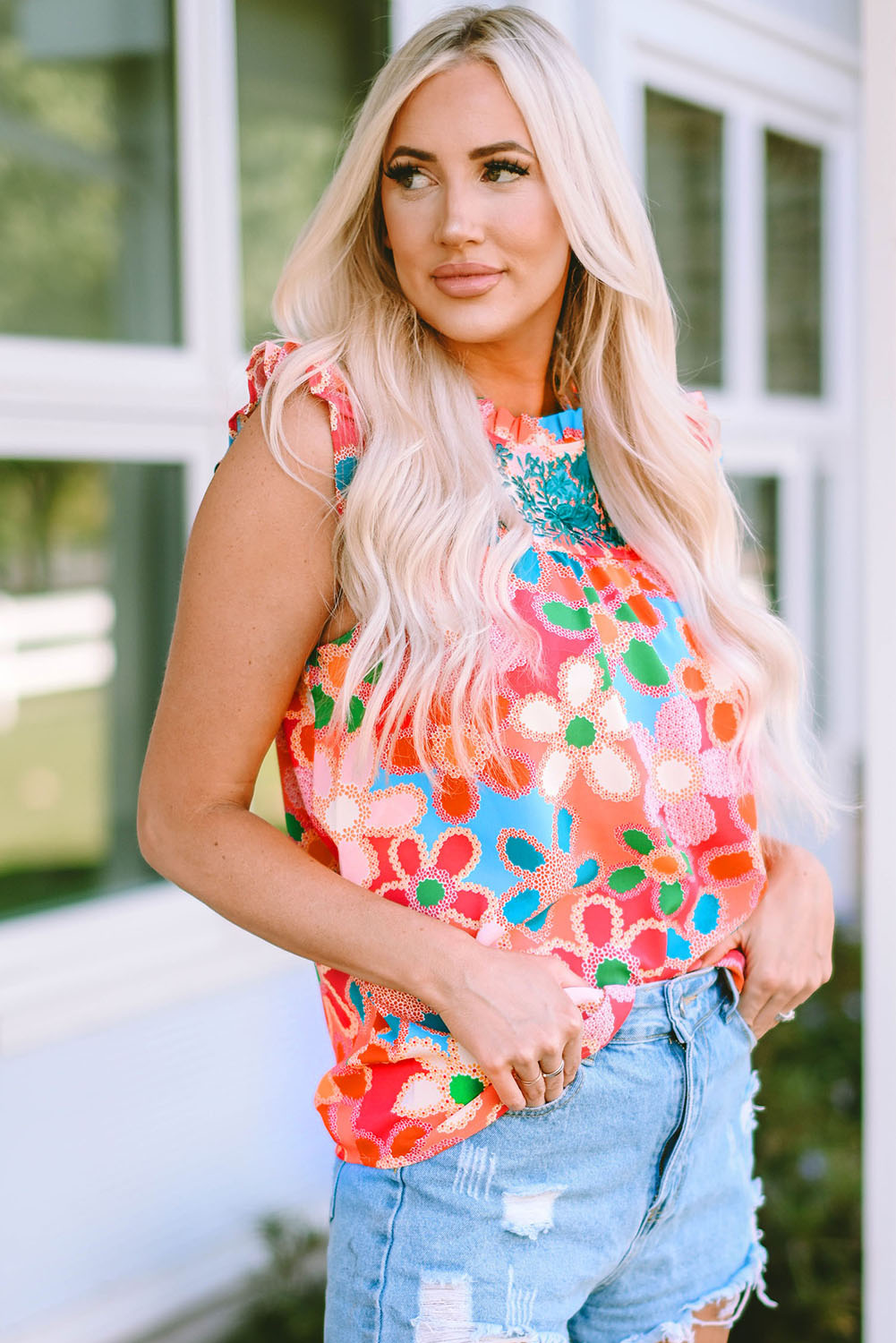 Tank Top for Women Floral-Print Print Ruffle-Trimmed Trim