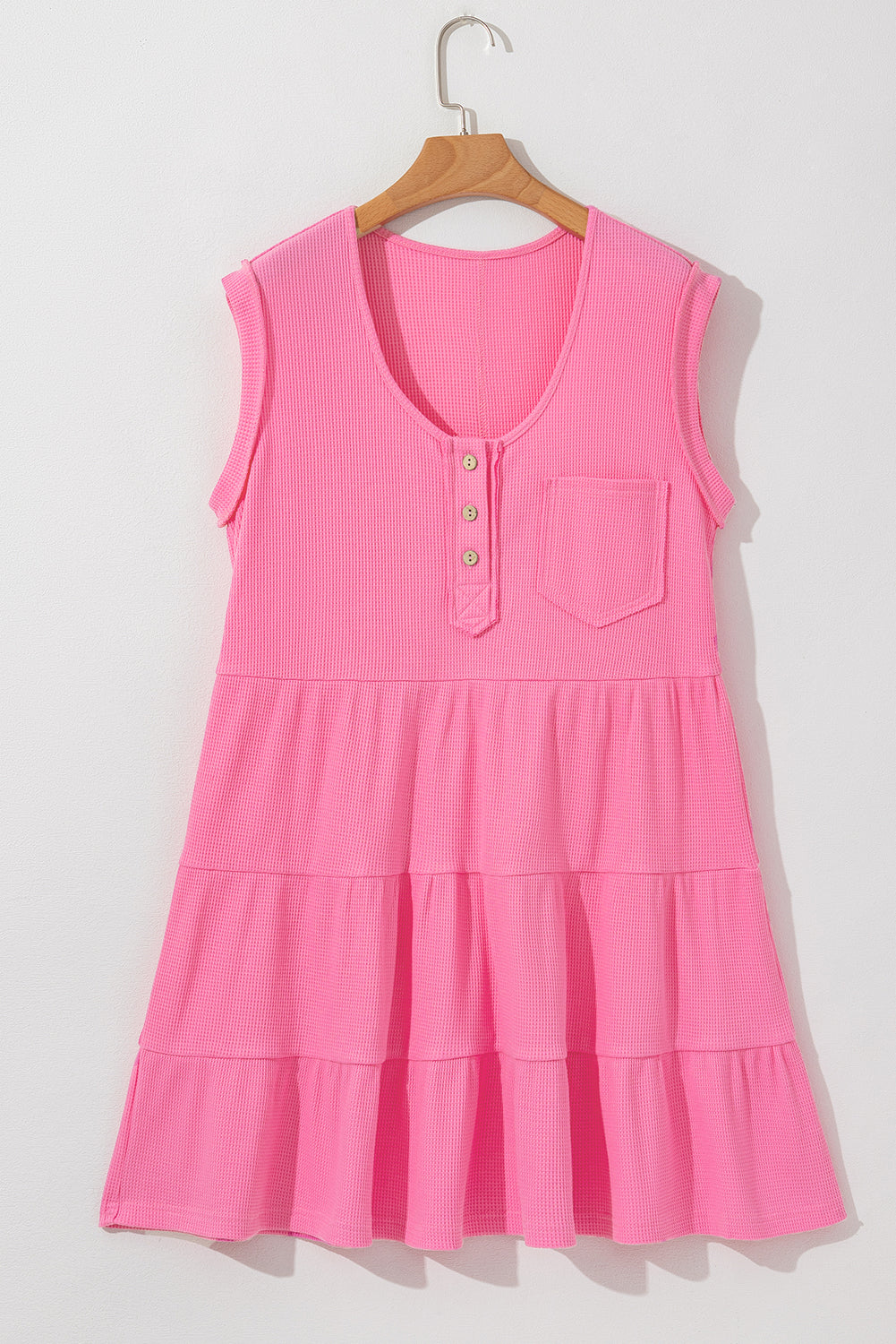 Cute Pink Waffle Textured A-line Tiered Sleeveless Dress
