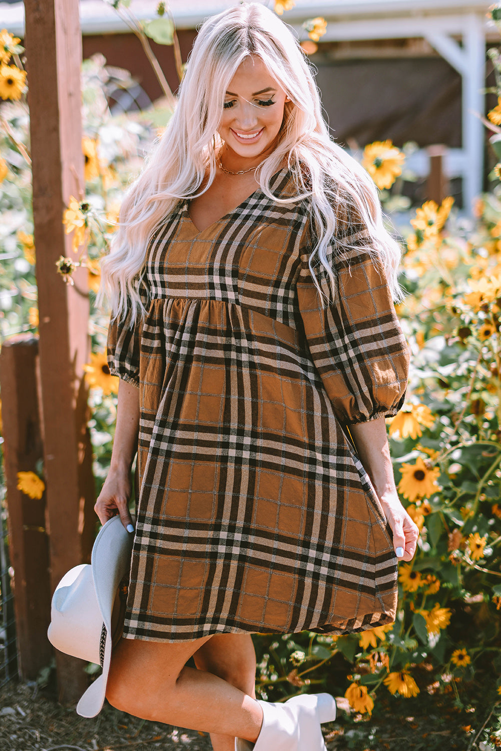 Women's Dress with Babydoll Plaid Pattern Empire-Waist