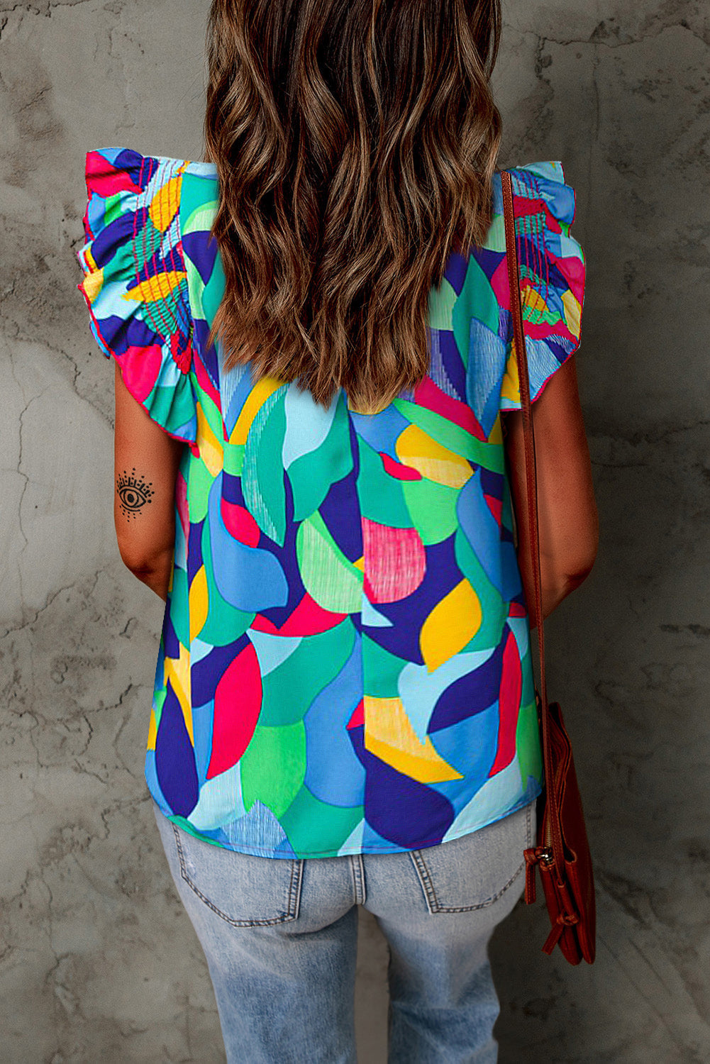 Women's Blouse with Print Stitching Ruffle-Trimmed Sleeve
