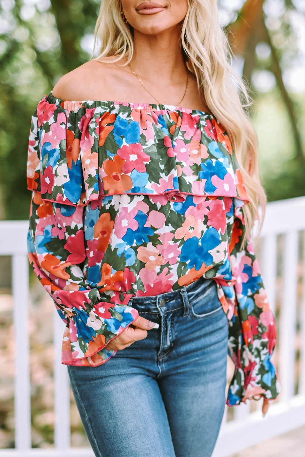 Women's Floral-Print Ruffle-Trimmed Off Shoulder Blouse