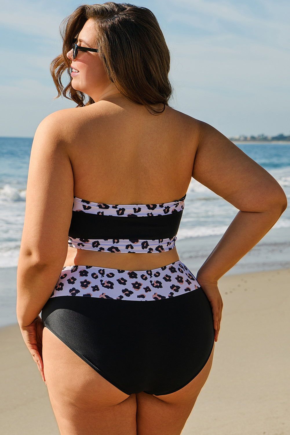 2pcs Black Leopard Patchwork Plus Size High Waisted Swimsuit