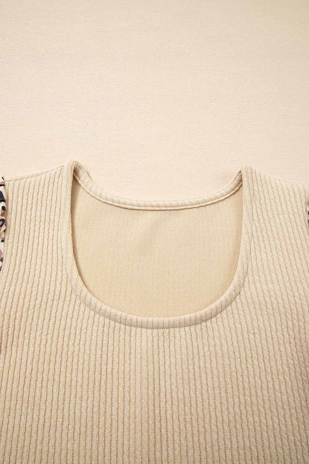 Leopard Sleeve Patchwork Rib-Knit Knit U Neck Top