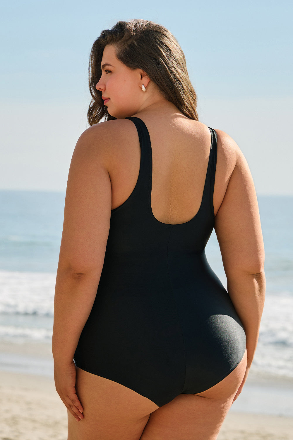 Black U Neck Padded Plus Size One Piece Swimsuit
