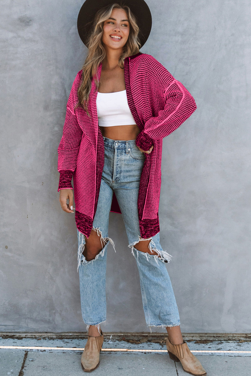Women's Rose Plaid Knitted Long Open Front Cardigan