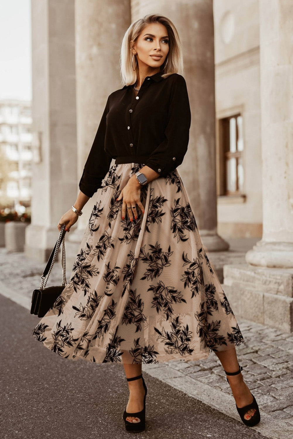 Women's Skirt Featuring Floral-Print Leaves High-Rise Maxi