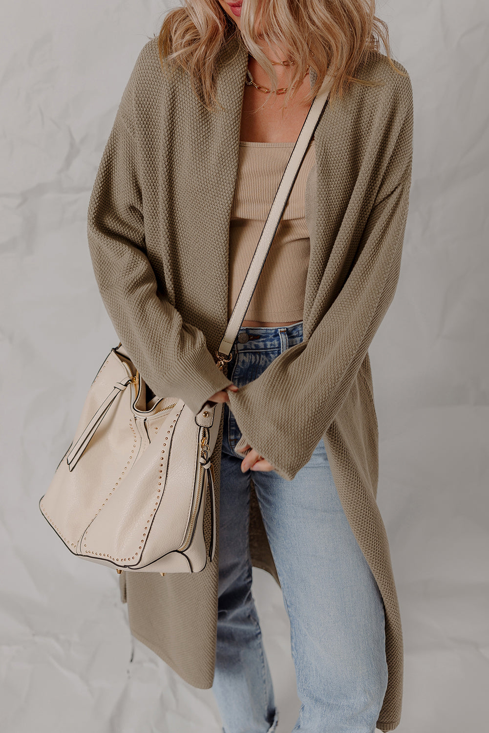 Textured Knit Solid Knit Open-Front Oversize Midi Cardigan Knit Top