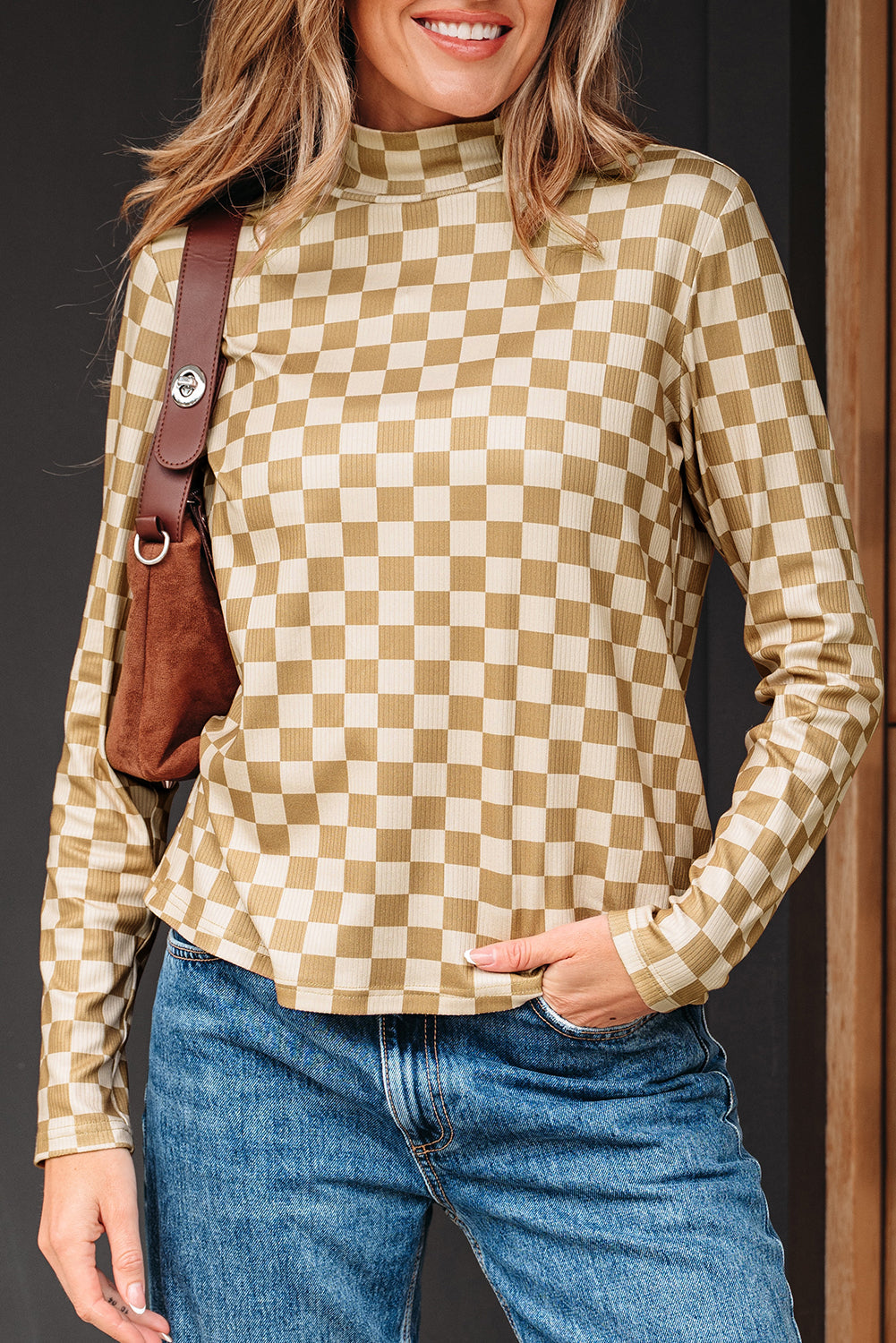 Turtleneck Check Pattern Rib-Knit Slim Long-Sleeved Tee in Khaki