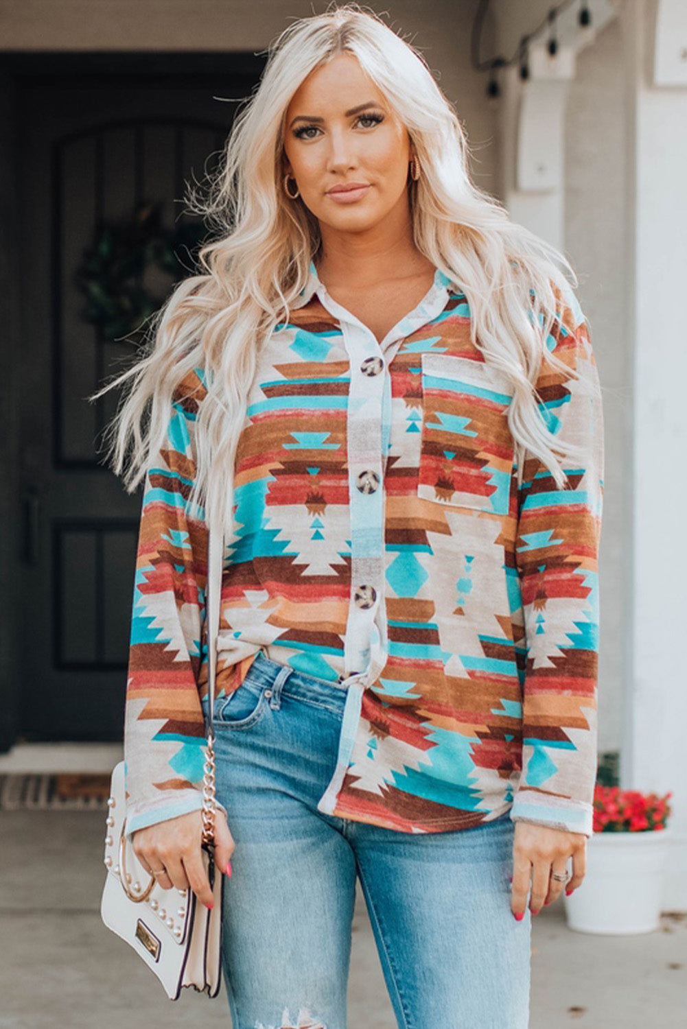 Shacket for Women Aztec Button-Front Pocket Chest Shirt