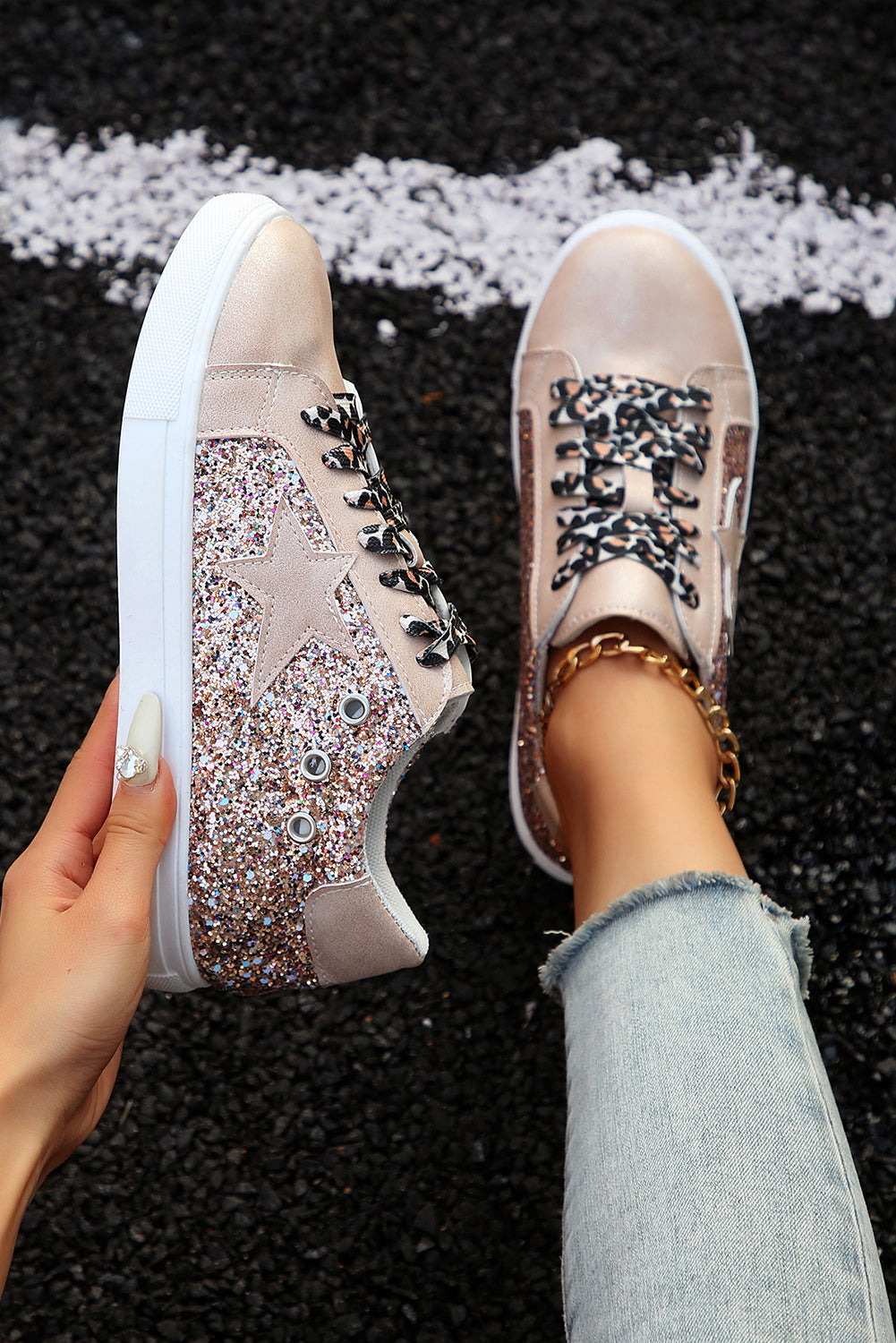 Patchwork Star Sequin Leopard Lace-up Shoes