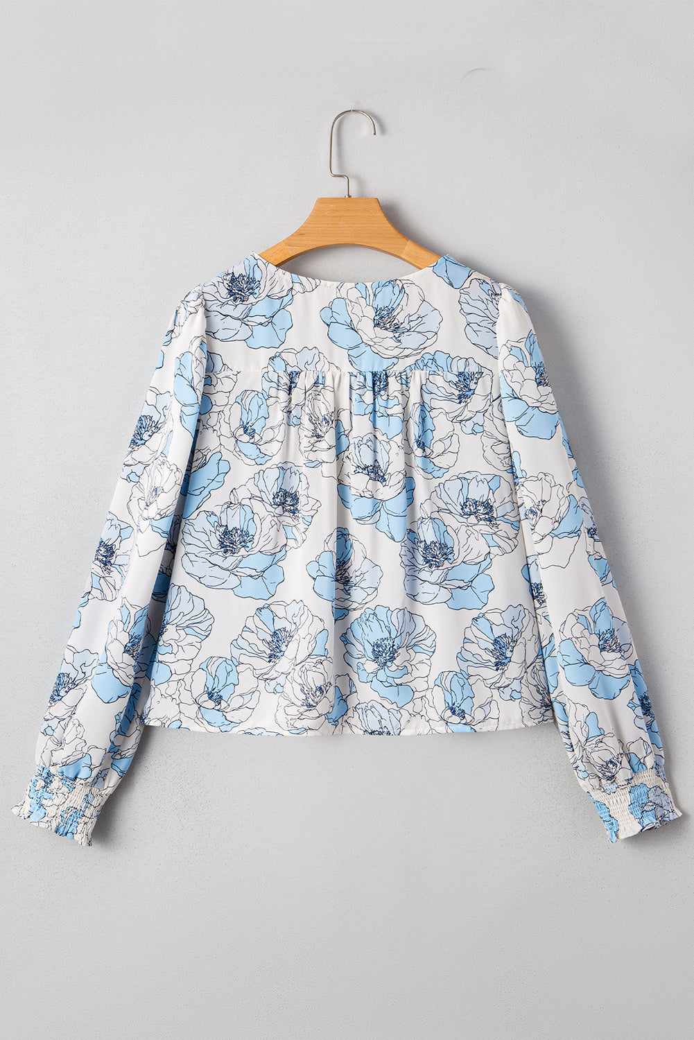 Floral-Print Frilly Smocked Square Neck Long-Sleeved Blouse