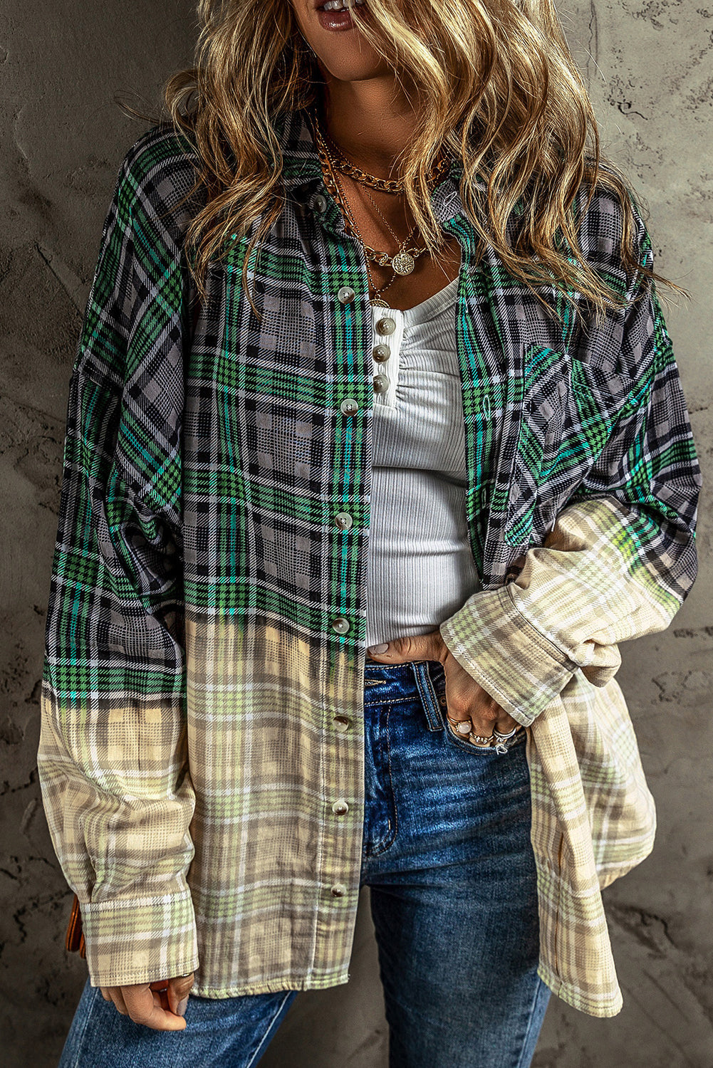 Women's Shacket with Pocket Button Plaid Chest