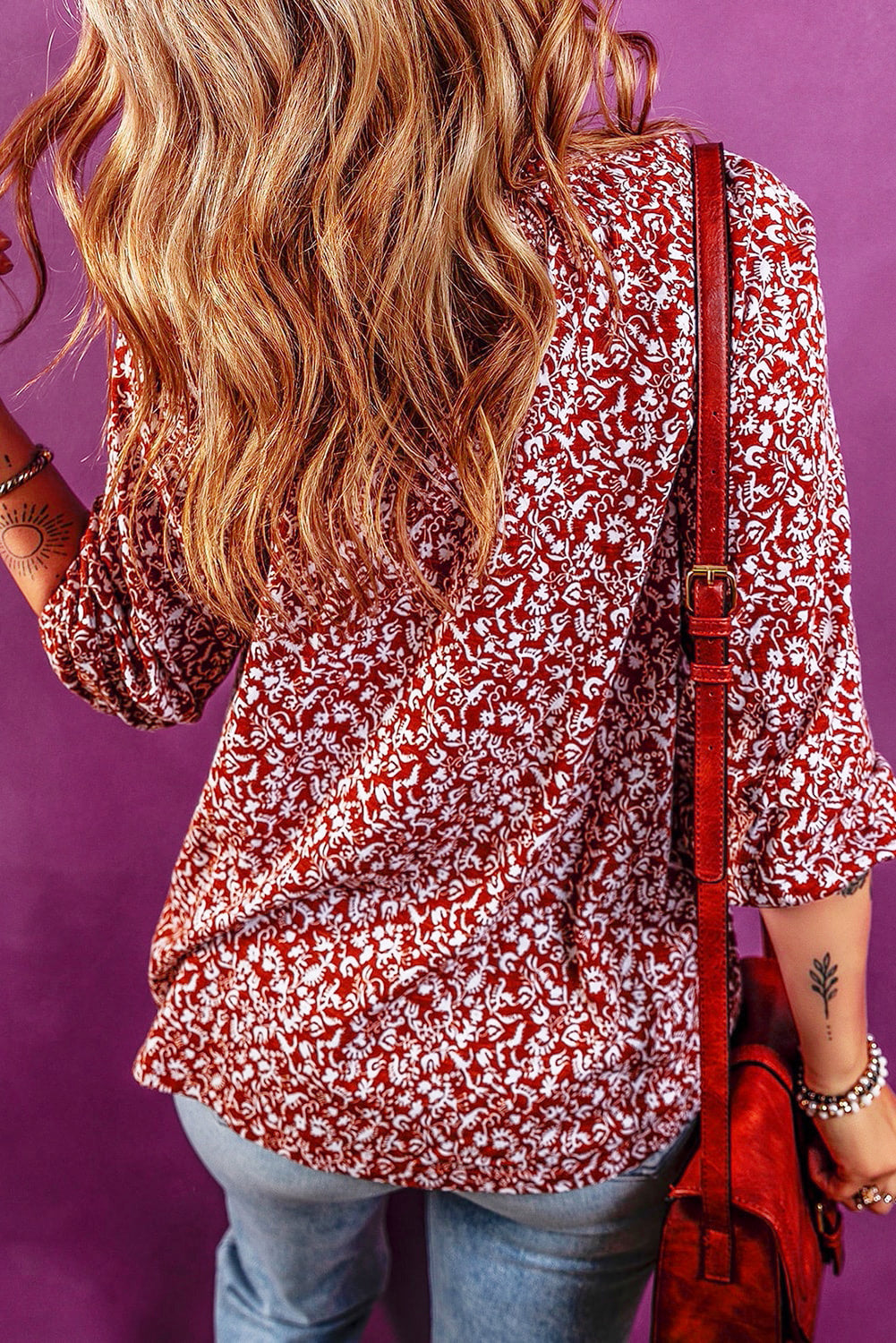 Blouse for Women Shirred Tie Neck Floral-Print Print