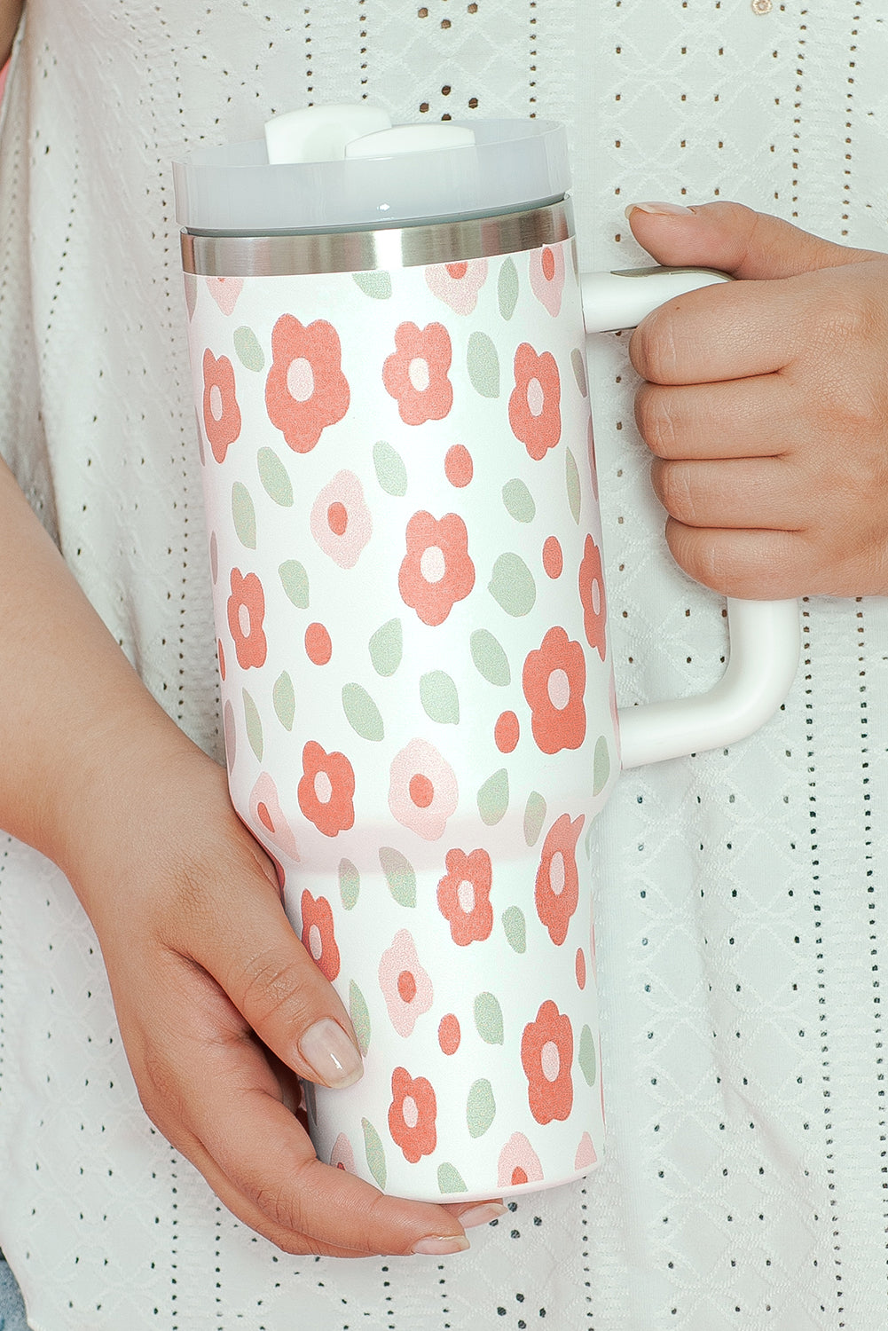 Floral Leaves Print Stainless Large Portable Cup 40oz