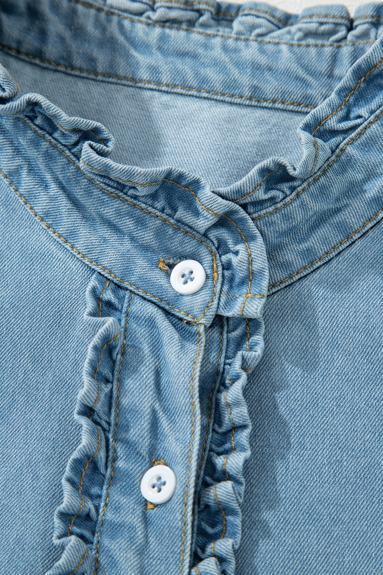 Frilled Down Detail Button Ruffle Short-Sleeved Denim Mini Dress
