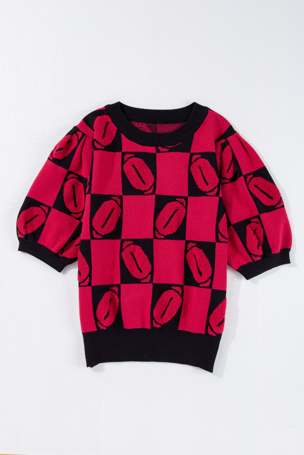 Rugby Plaid Color Block Puff Short Sleeve Sweater