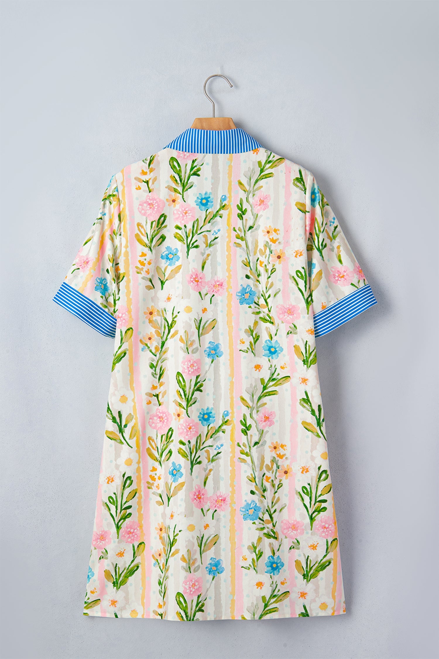 Polished Striped Multicolour Floral-Print Trim Button Down Shift Dress