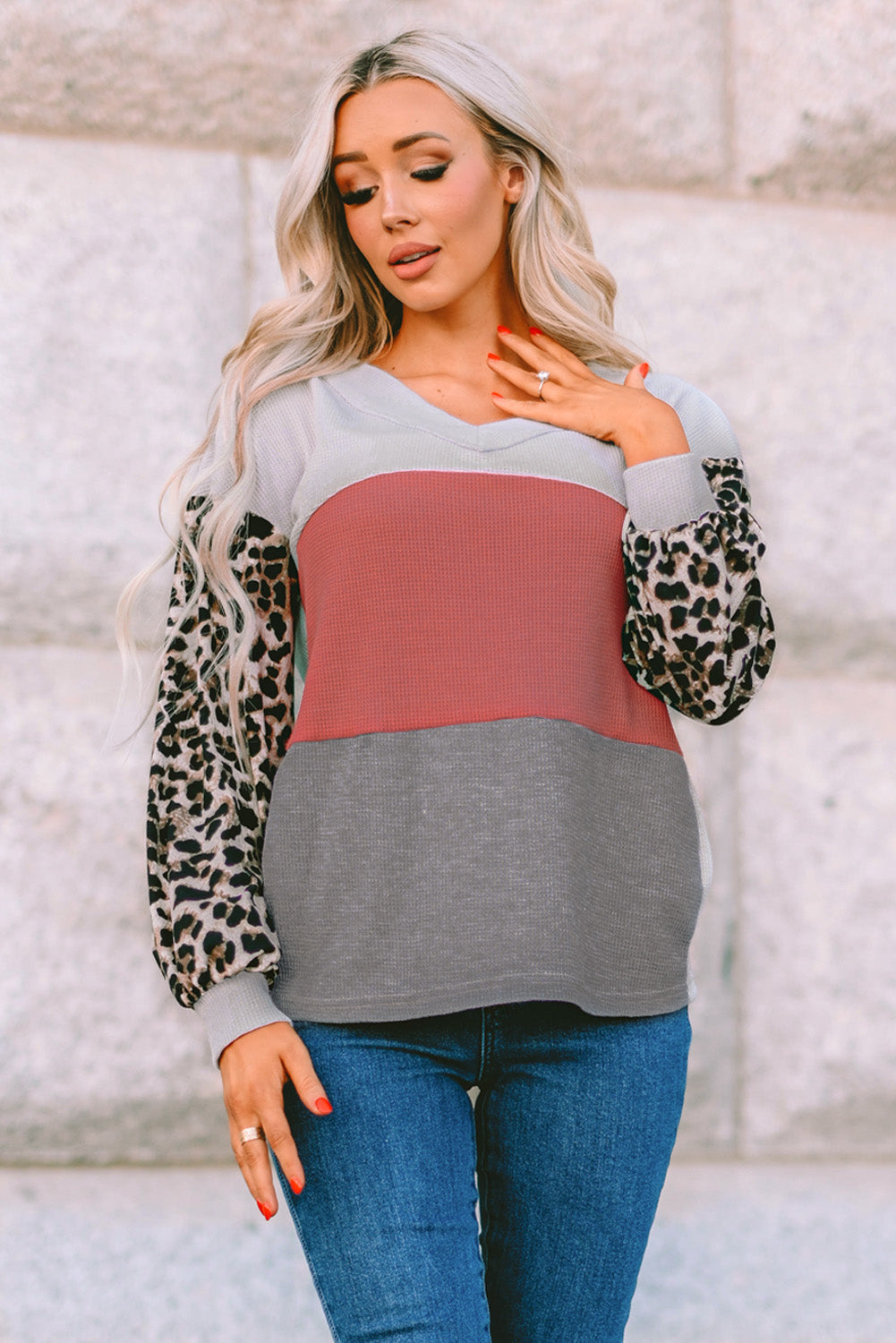 Women's Waffle Contrast Sleeve Knit Top