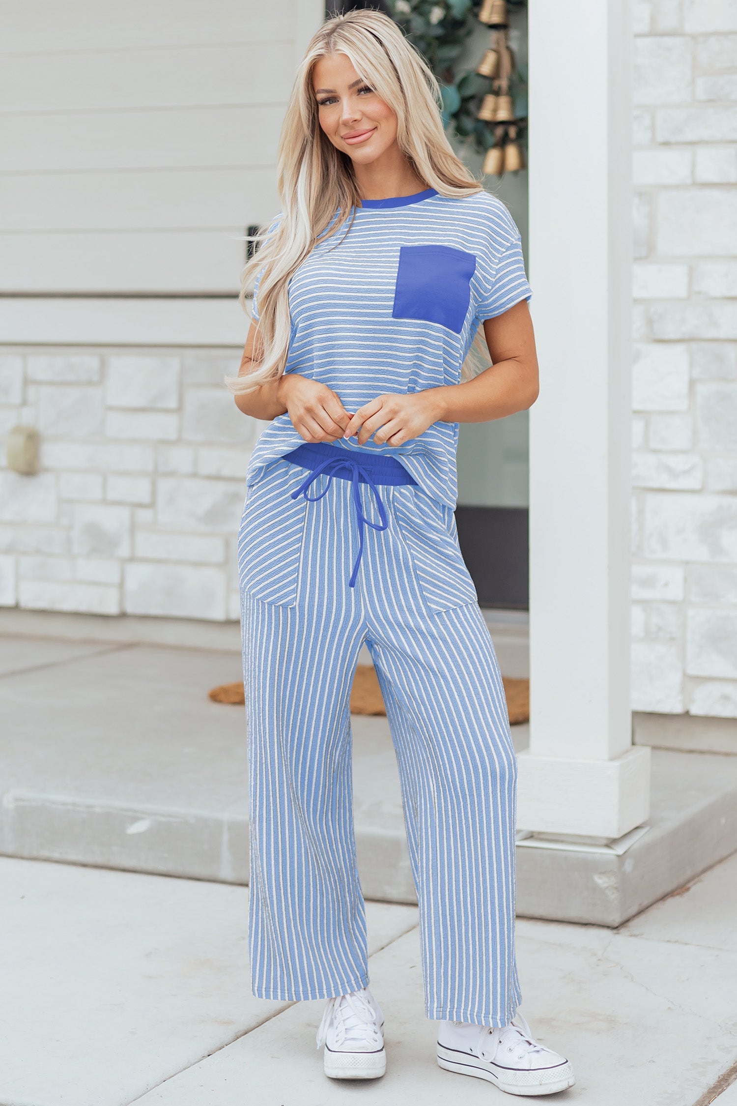 Stripe Drawcord Crew-Neck Tee Waist Cropped Pants Set in Sky Blue