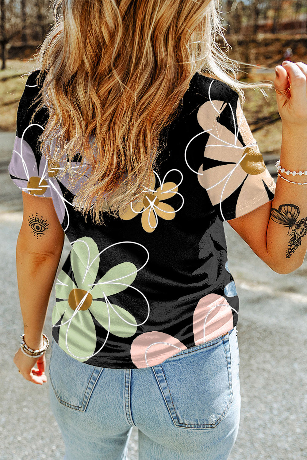 Women's Round Neck Flower Everyday T Shirt