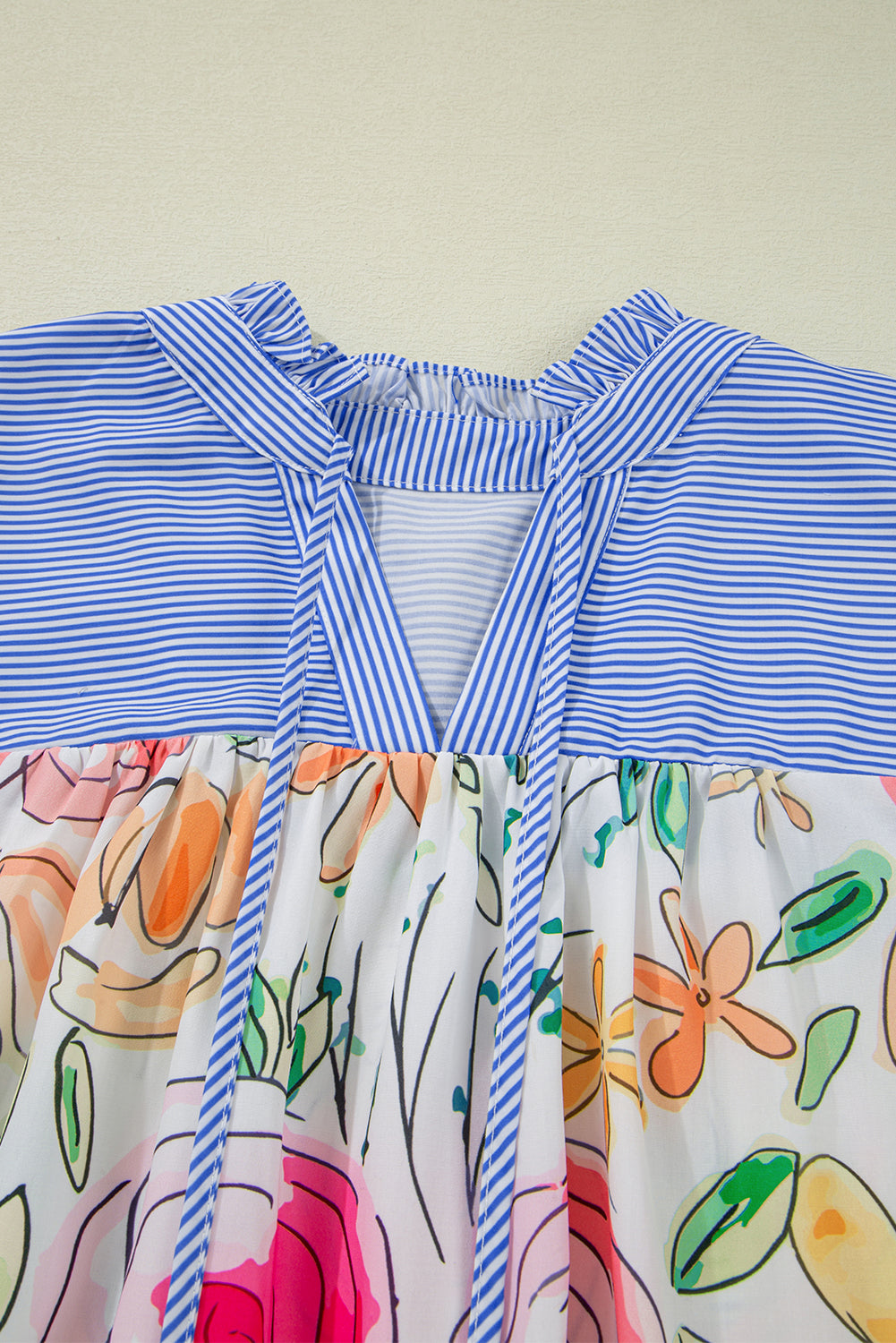 Floral Print Striped Yoke Frilled V Neck Blouse