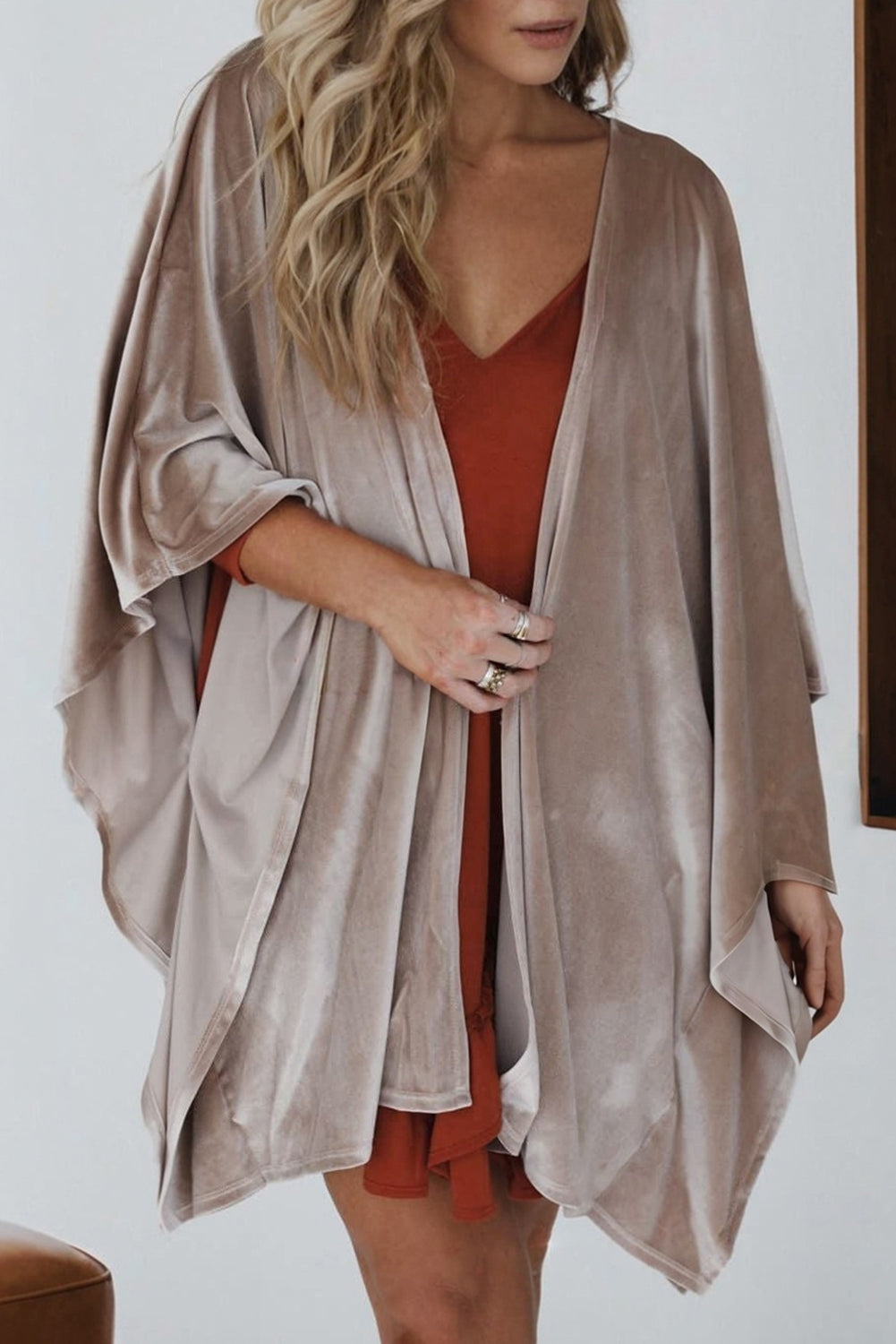 Open-Front 3/4 Sleeve Velvet Kimono in Smoke Gray