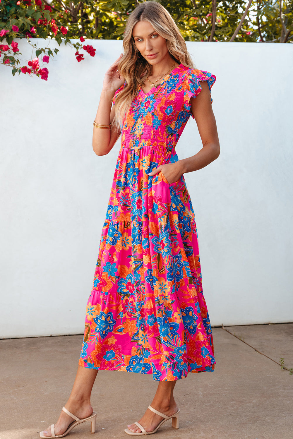 Women's Dress with Floral-Print Ruffle-Trimmed Layered Long Bohemian