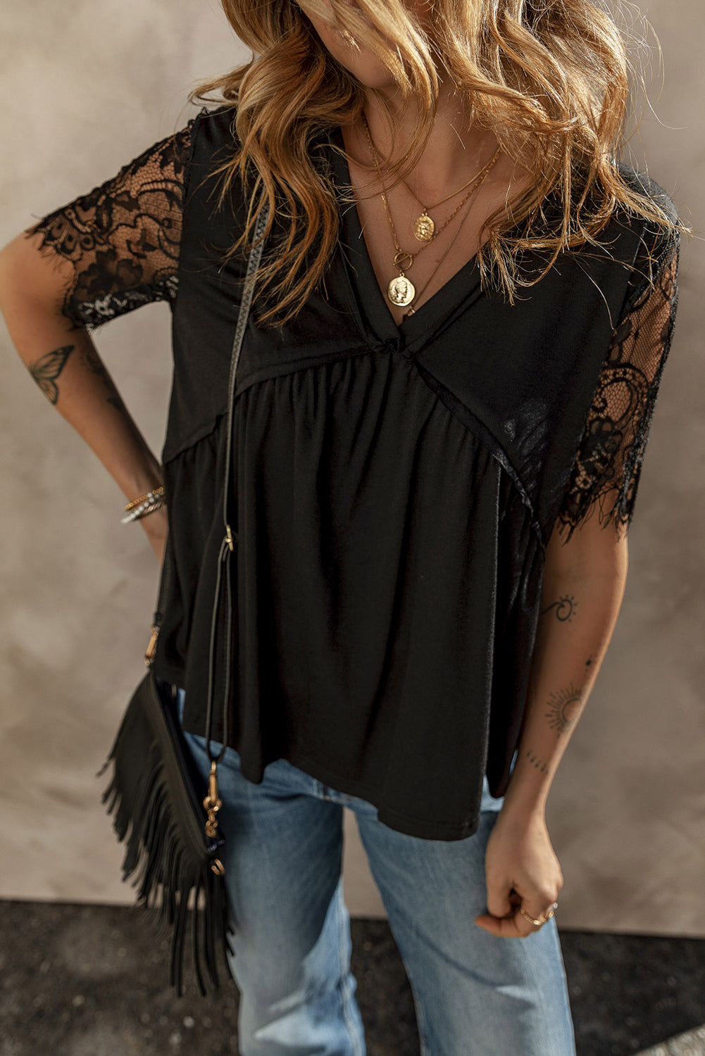 Women's Babydoll Top with Ruffle-Trimmed Eyelash Lace-Trimmed