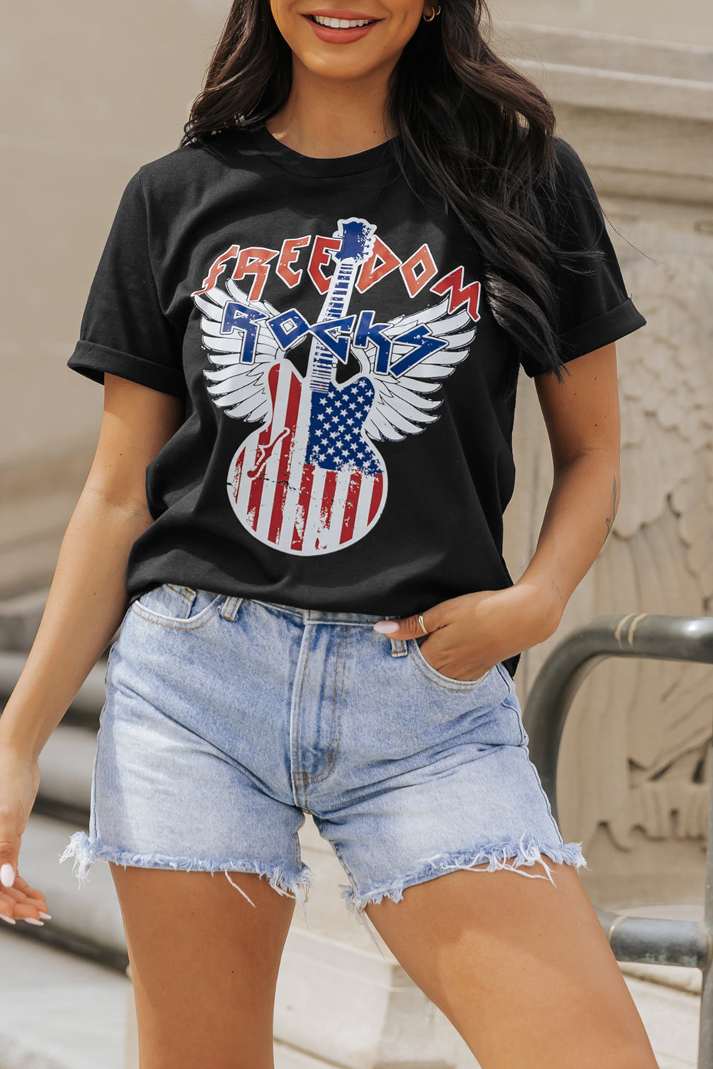 Tee for Women American Flag Guitar Print Crew Neck