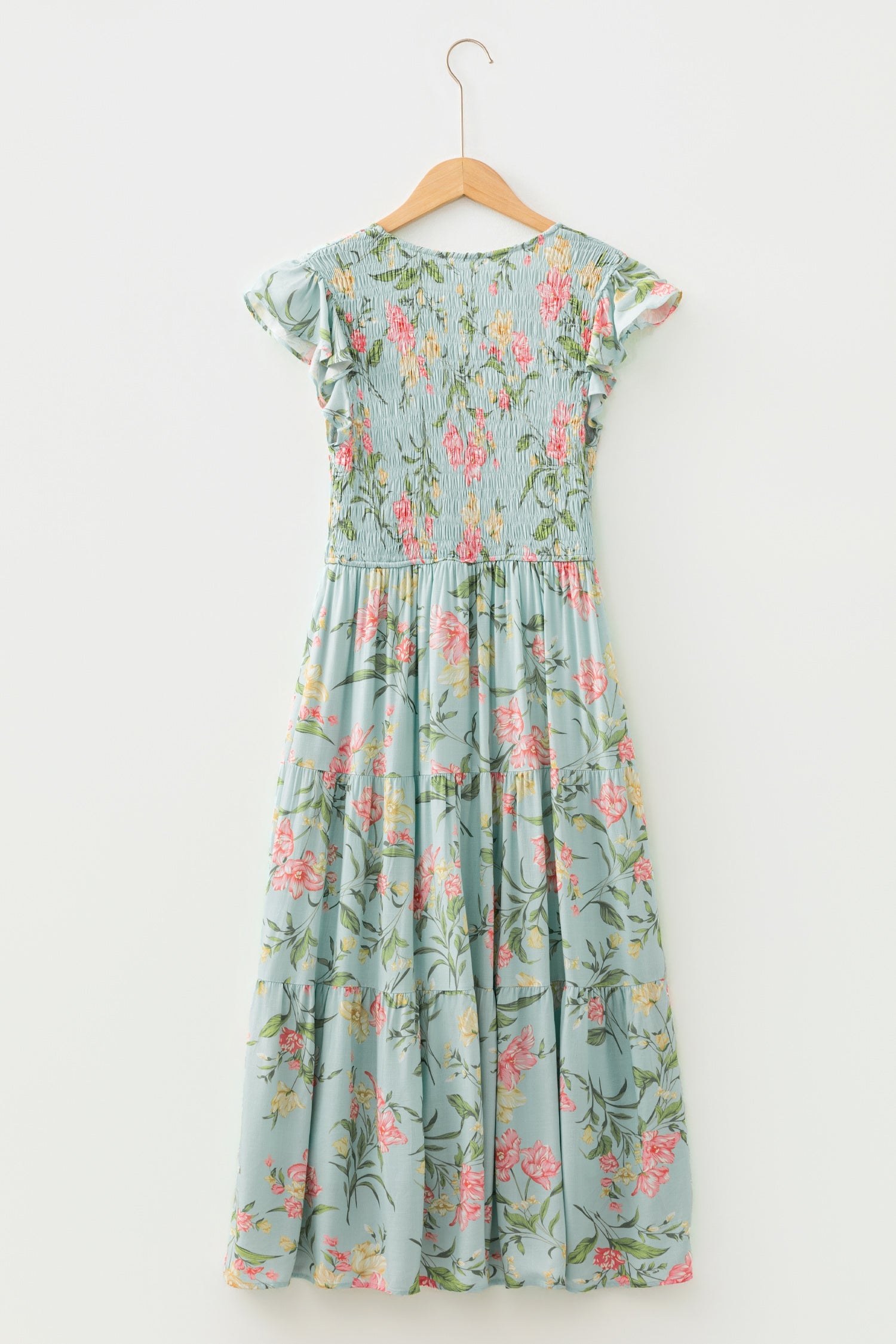 Smocked Sleeveless Bodice Ruffled Tiered Floral Maxi Dress