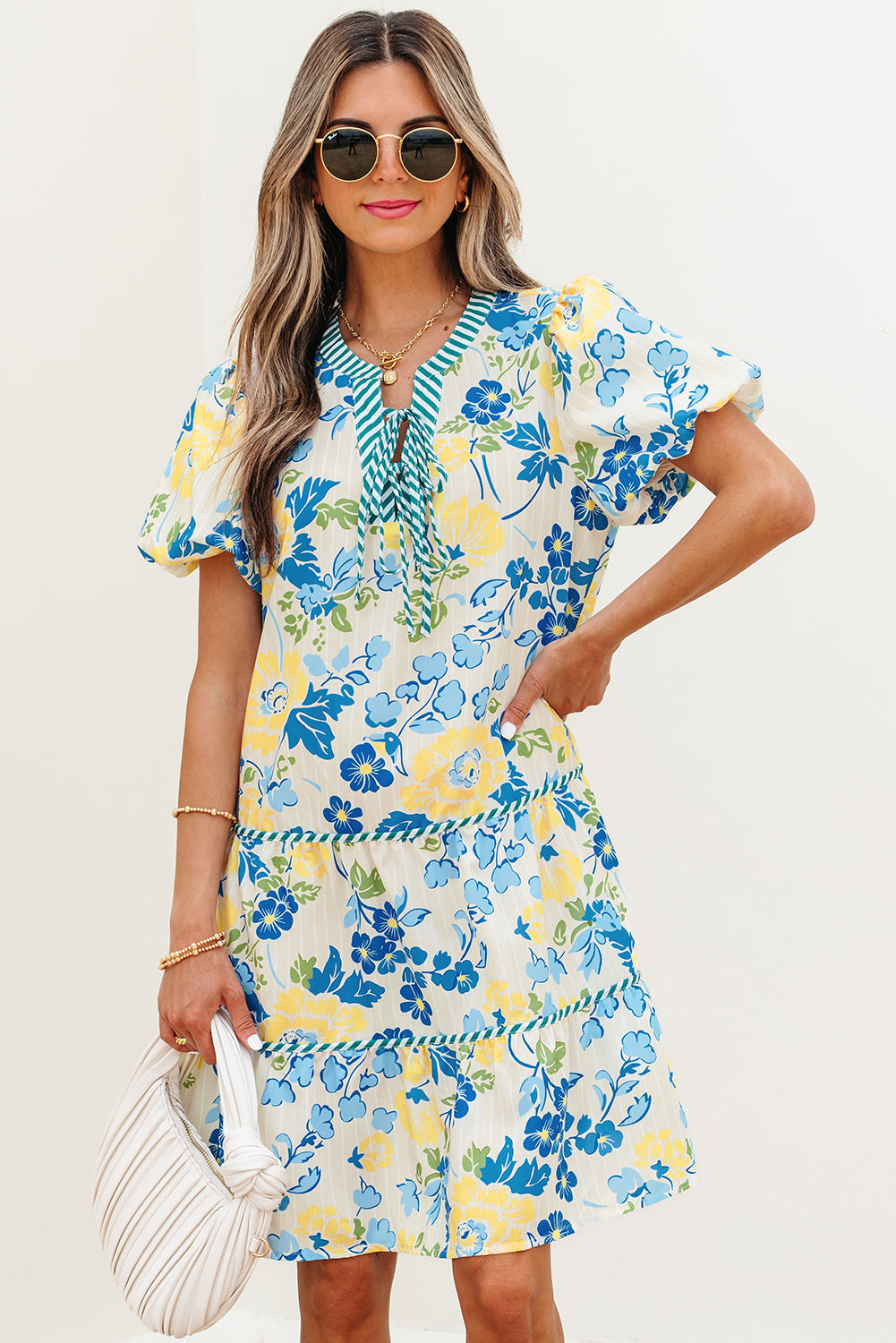 Floral Striped Trim Puff Short Sleeve Dress