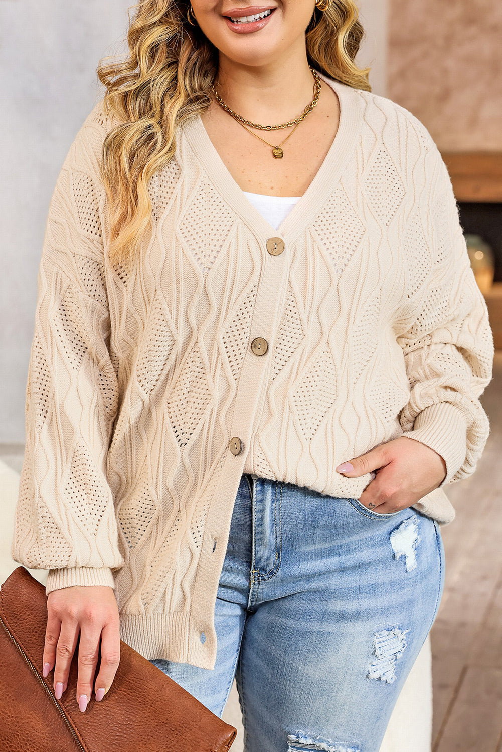 Women's Cardigan Featuring Openwork Plus Size Knitted