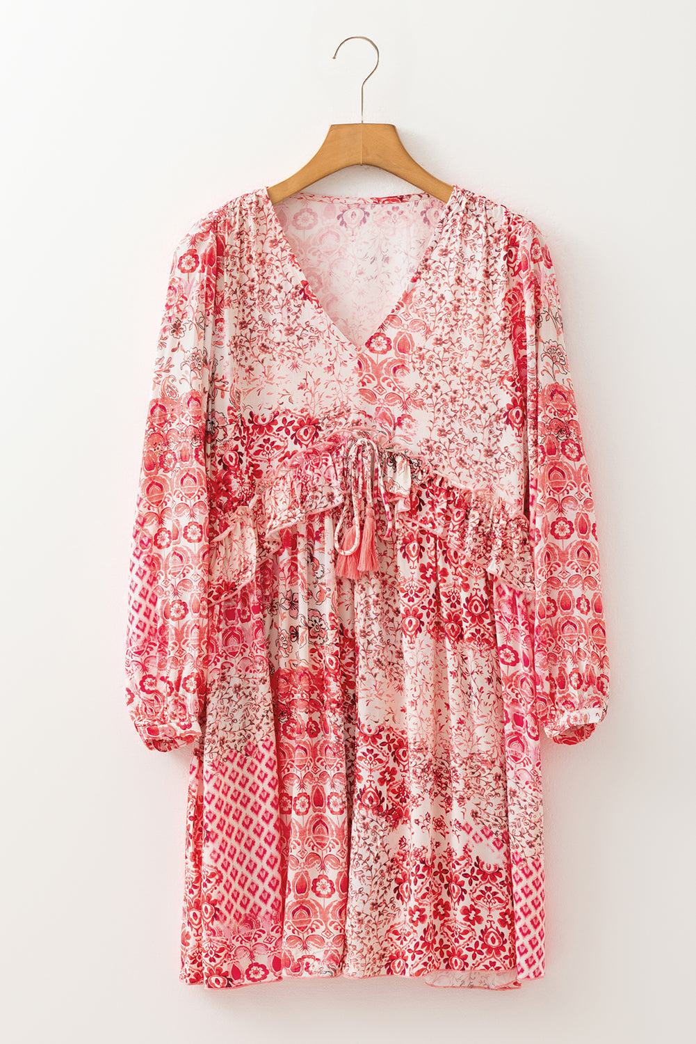 Bohemian Floral-Print Tassel Tie Long-Sleeved Flowy Mini Dress