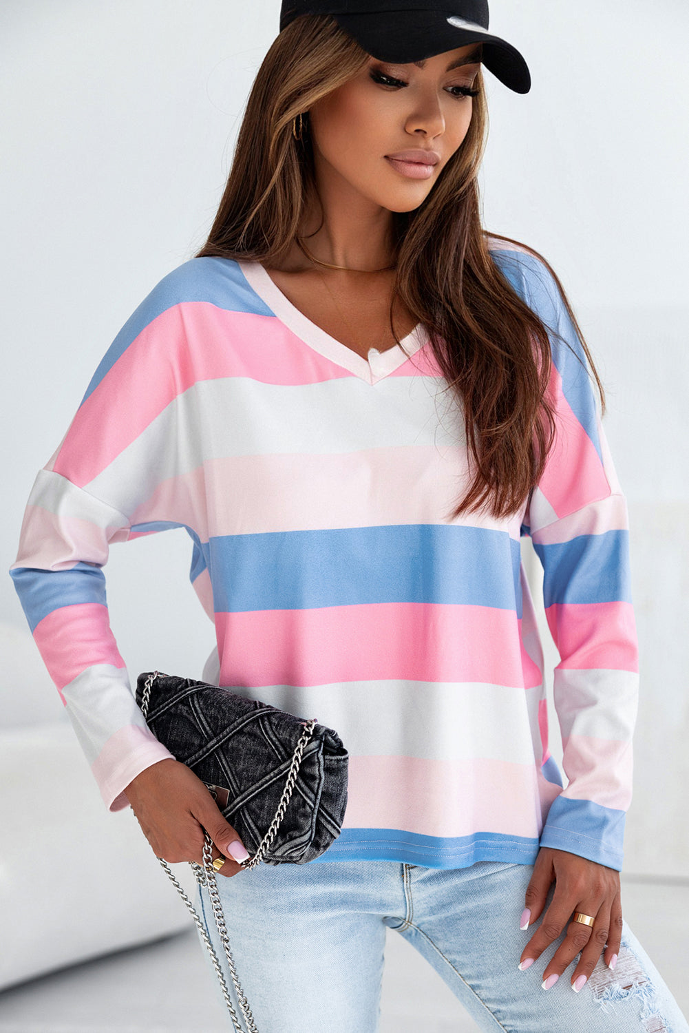 Women's Top with Striped V Neck Long-Sleeve