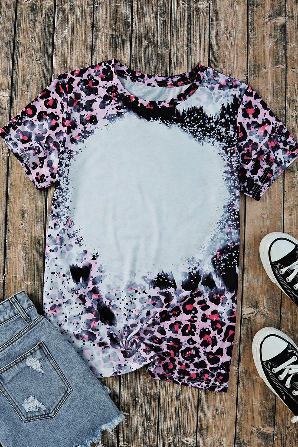 Women's Tee Featuring Dyed Bleached Blank Leopard-Print