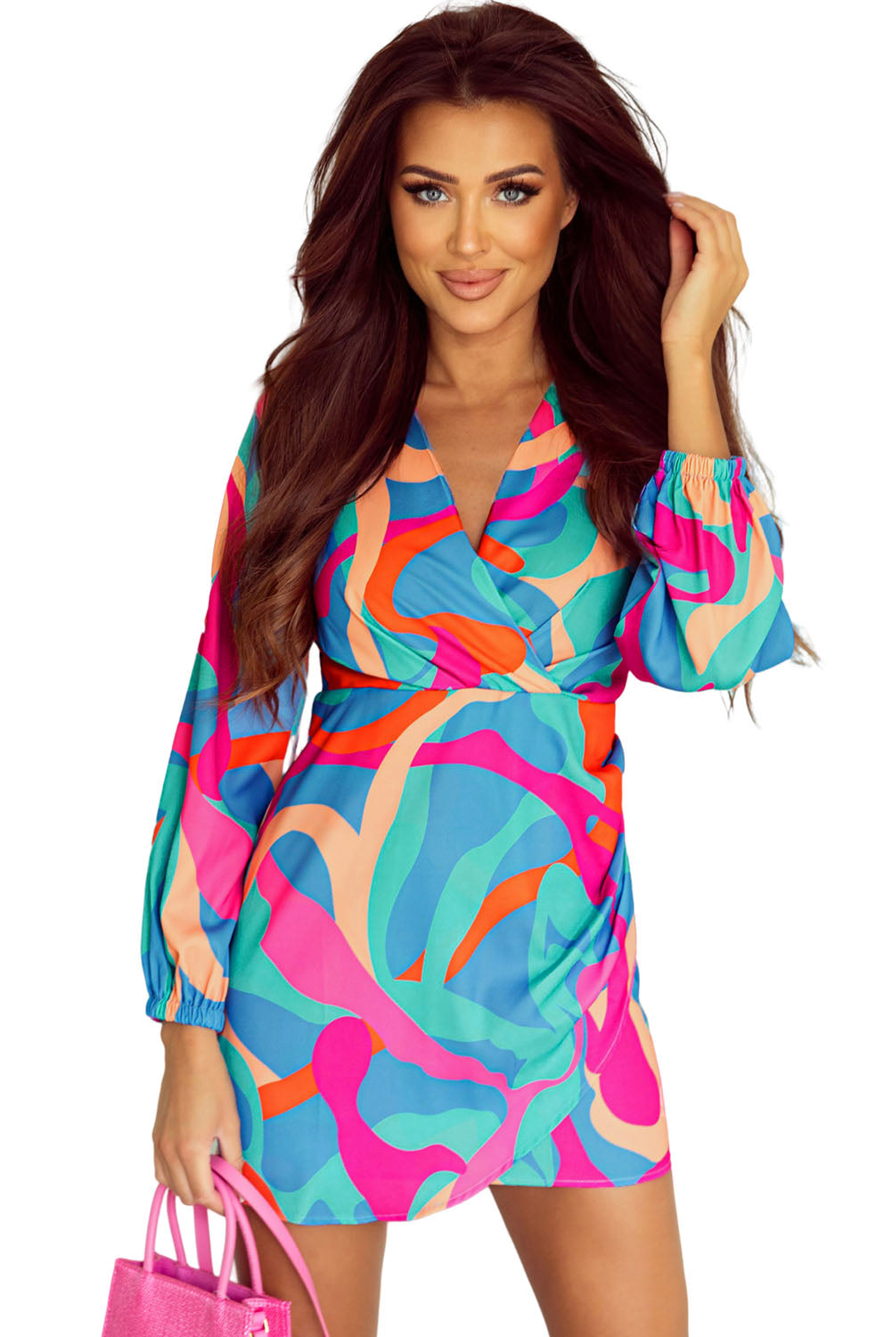 Women's Dress Featuring Balloon Sleeve Abstract Wrap