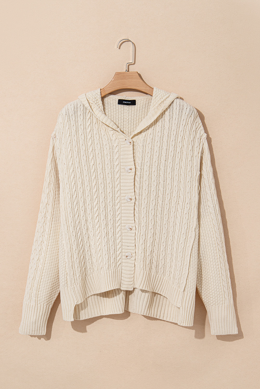 Cable Uneven Knit Texture Hem Hooded Polished Cardigan
