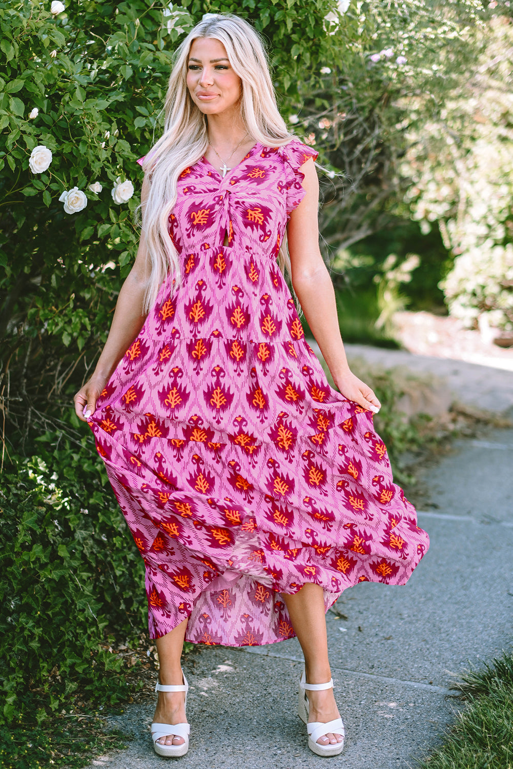 Women's Maxi Dress with Ruffle-Trimmed Sleeve Twist-Front