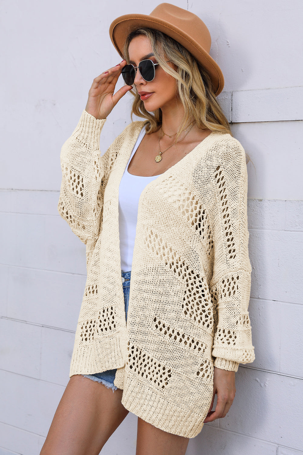 Women's Cardigan Featuring Apricot Everyday Hollowed Knitted Dolman Sleeve