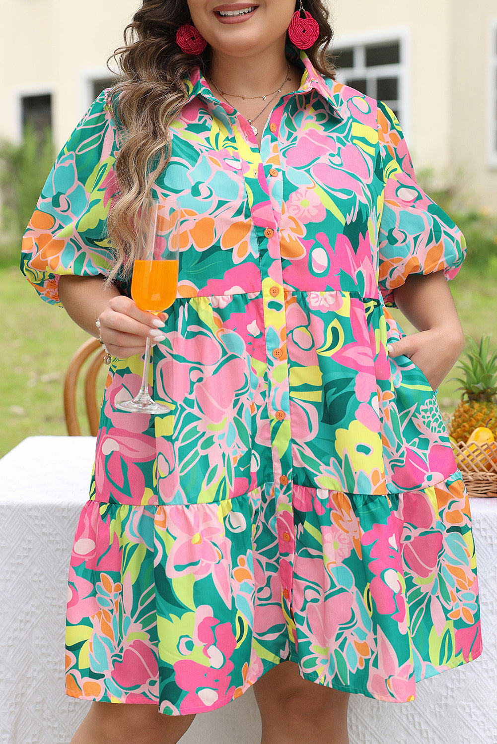 Women's Shirt Dress Featuring Plus Floral-Print Layered