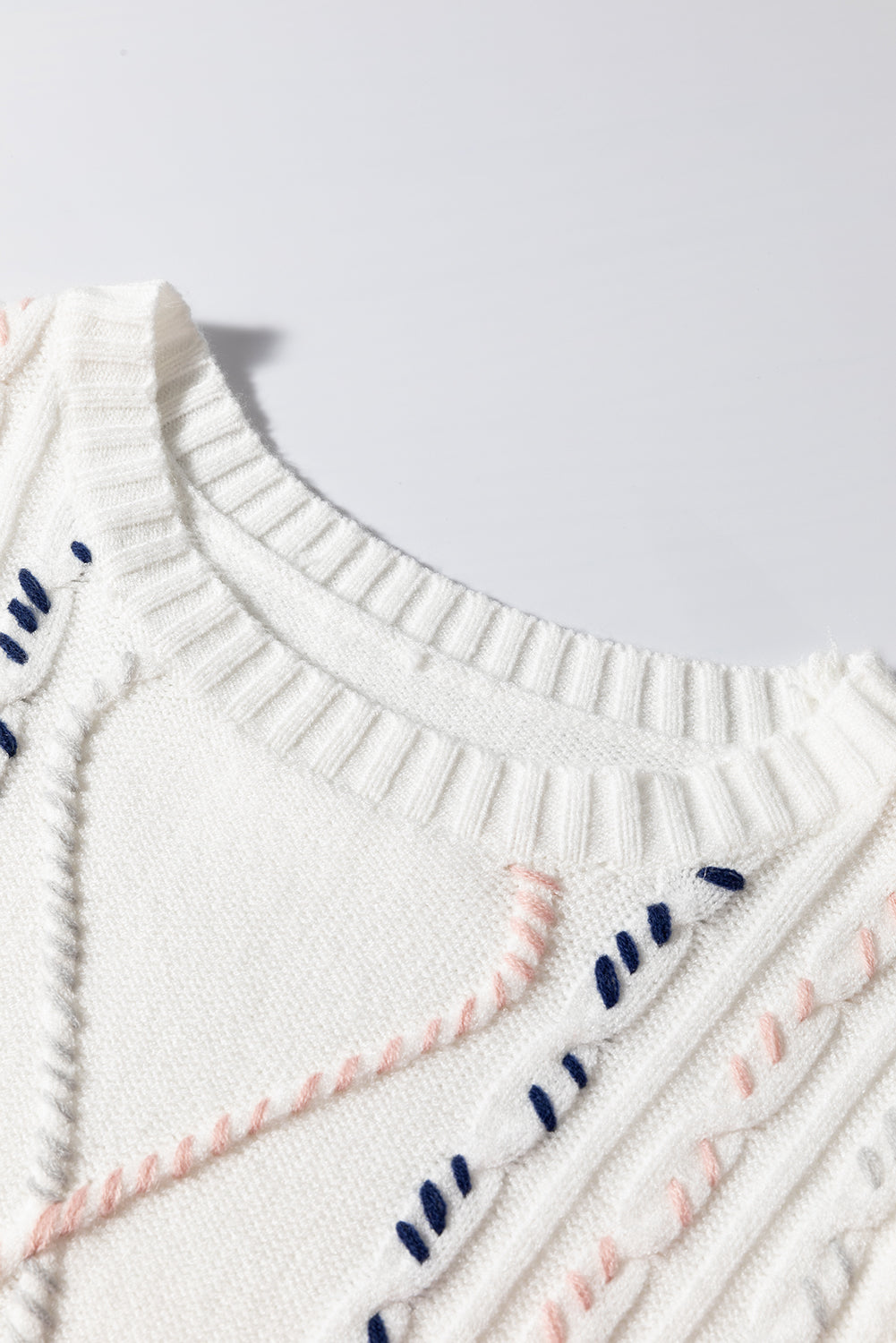 Multicolor Stitch Detail Cable Knit Short Sleeve Sweater